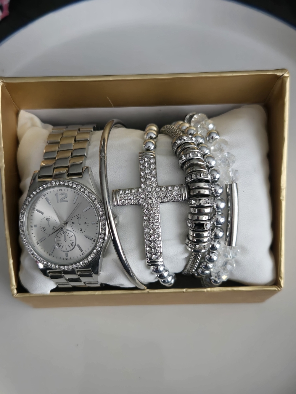 NWT 6PC Silver Watch & Cross Bracelet Gift Set Rhinestone Bling